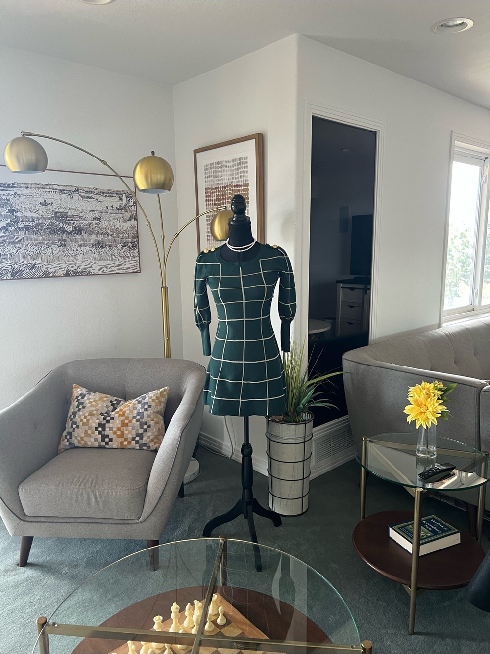 Dark Green Windowpane Long-Sleeve Fit & Flare Dress with Gold Buttons